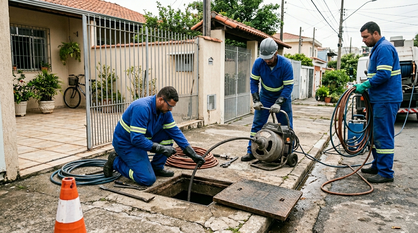 Equipe de desentupimento de esgoto em Montes Claros-MG